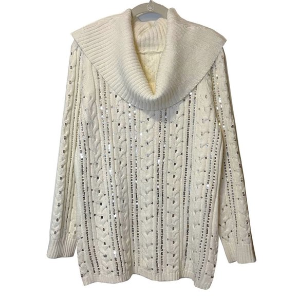 Cream Sequins Cowl-neck Holiday Sweater NWOT - Size M - Picture 1 of 6